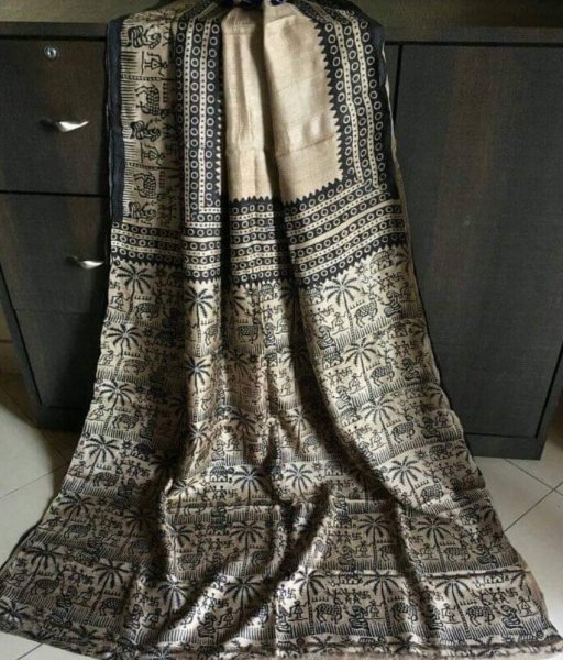 Cream Tussar Tribal Design Silk Saree